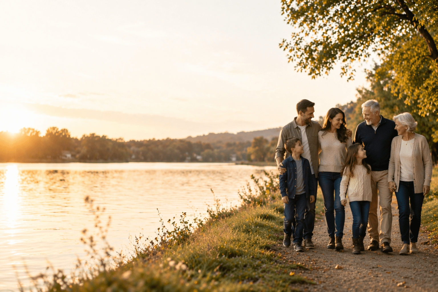 Family walk by the lakeside at sunset